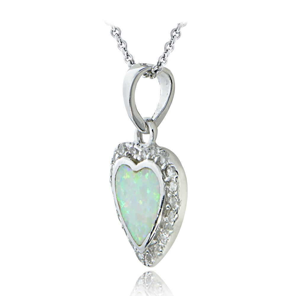 Sterling Silver Created White Opal & Cubic Zirconia Heart Necklace-2