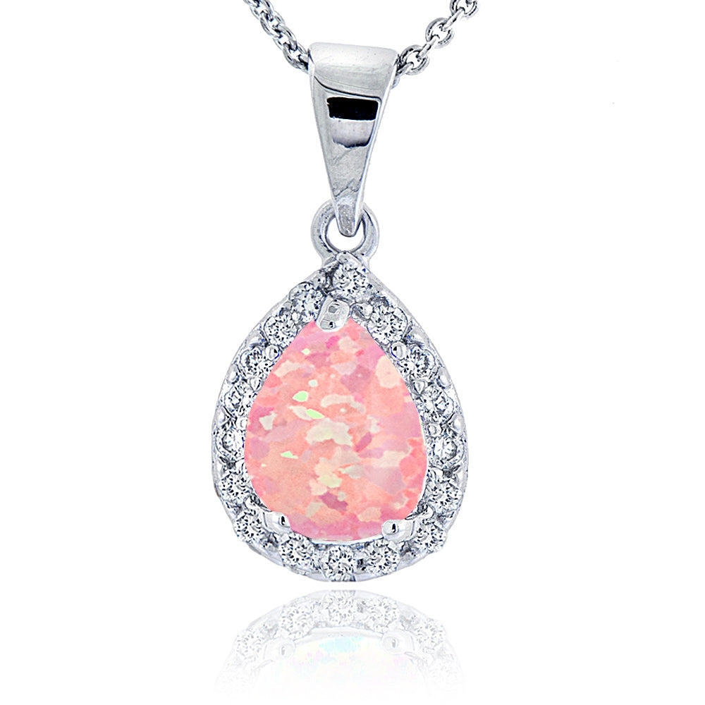 Sterling Silver Created Pink Opal & Cubic Zirconia Teardrop Necklace