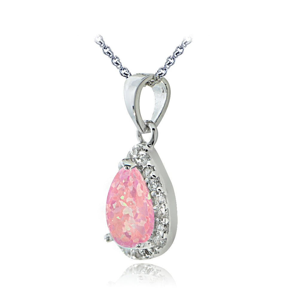 Sterling Silver Created Pink Opal & Cubic Zirconia Teardrop Necklace-2