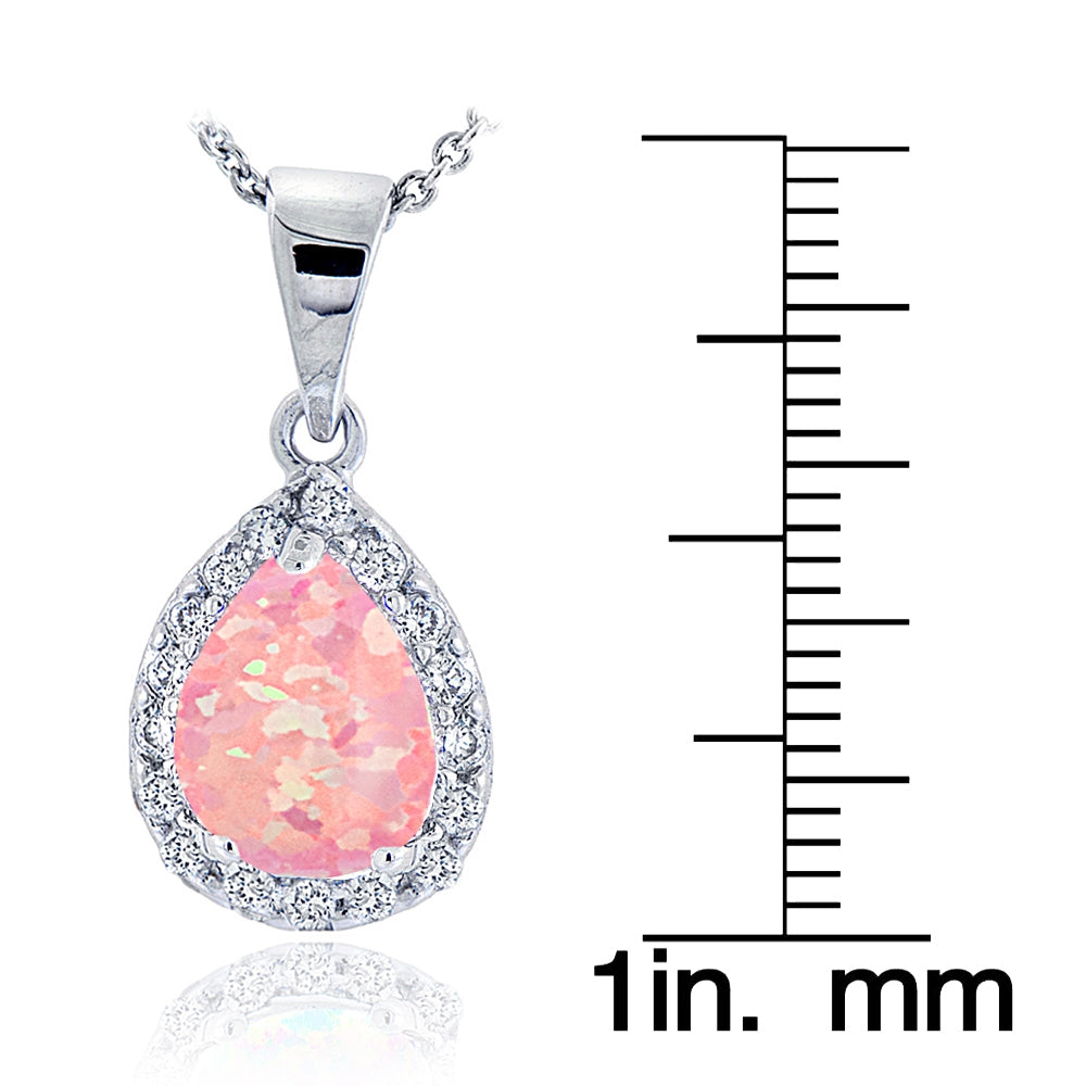 Sterling Silver Created Pink Opal & Cubic Zirconia Teardrop Necklace-3