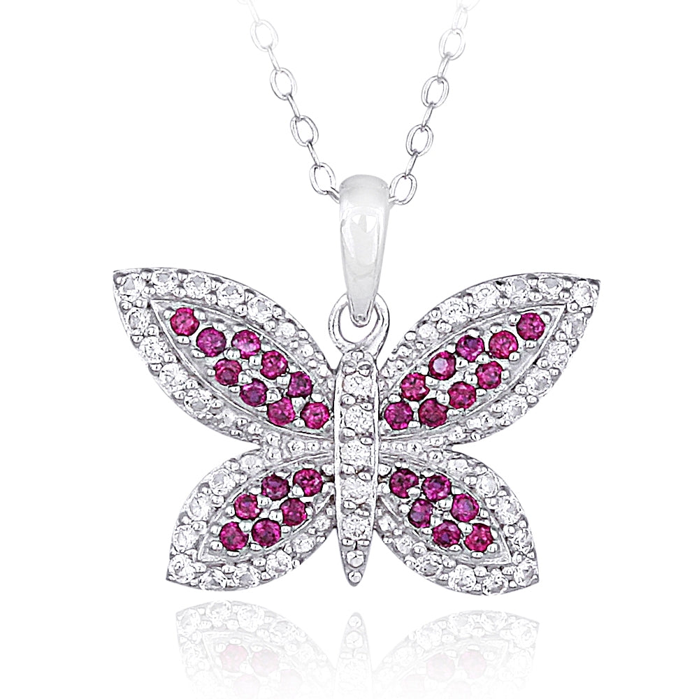 Sterling Silver Created Ruby Gemstone Butterfly Necklace