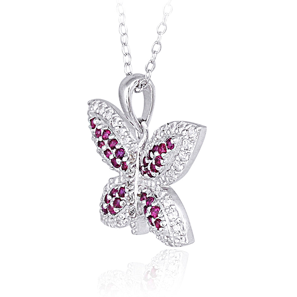 Sterling Silver Created Ruby Gemstone Butterfly Necklace-2