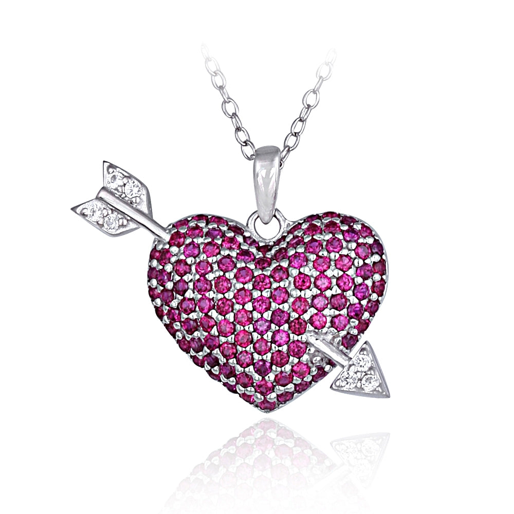 Sterling Silver Created Ruby Gemstone Heart And Arrow Necklace