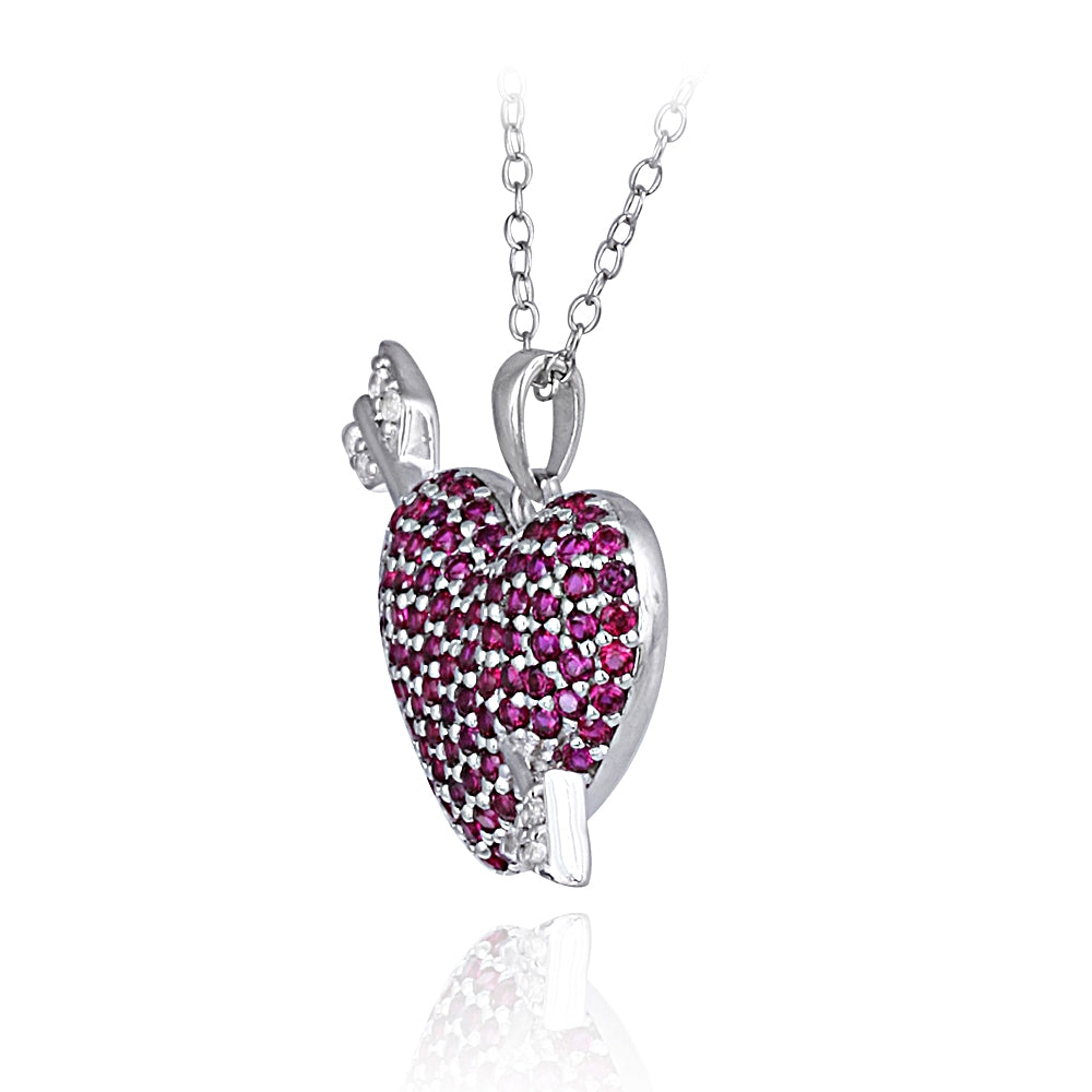 Sterling Silver Created Ruby Gemstone Heart And Arrow Necklace-2