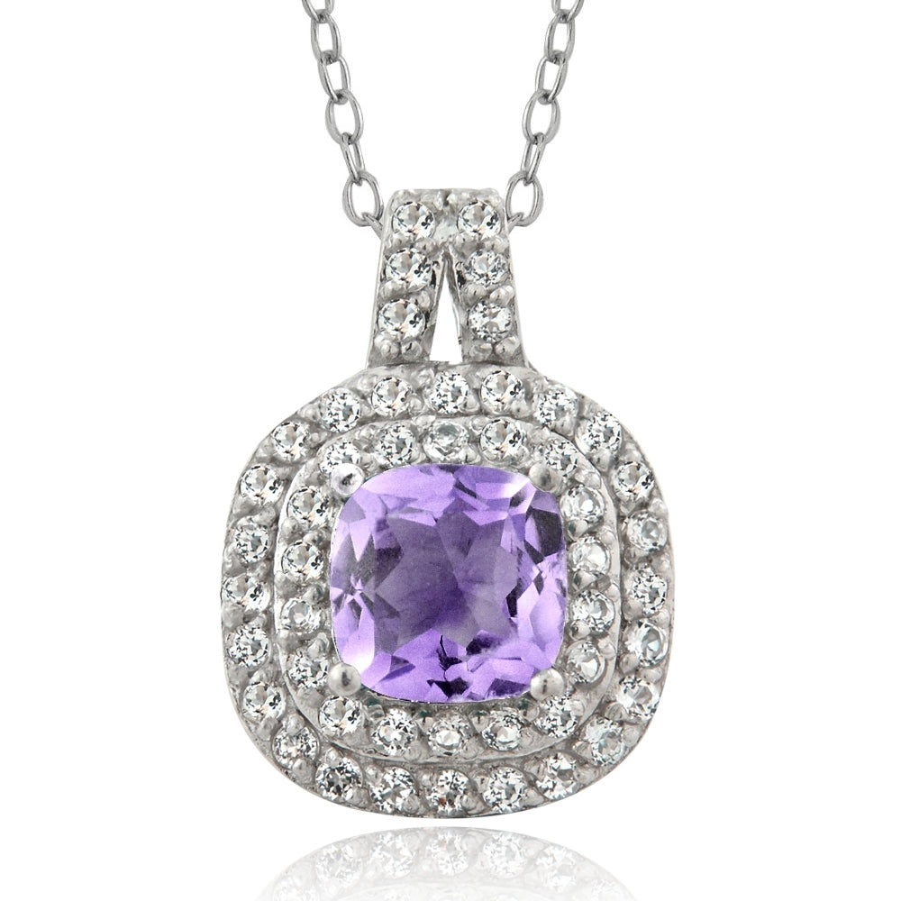 Sterling Silver 1.25ct Amethyst & White Topaz Cushion-Cut Necklace