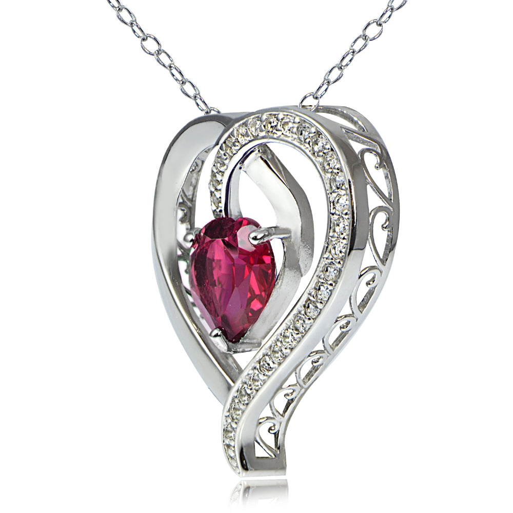 Sterling Silver 2.25ct TGW Created Ruby & White Sapphire Heart Necklace-2