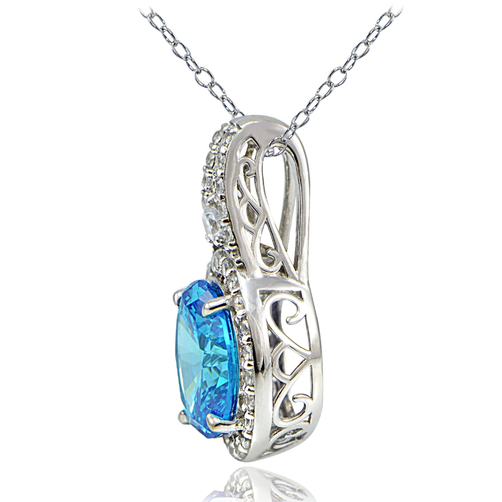 Platinum Plated Sterling Silver 100 Facets Light Blue Cubic Zirconia Oval Drop Necklace-2