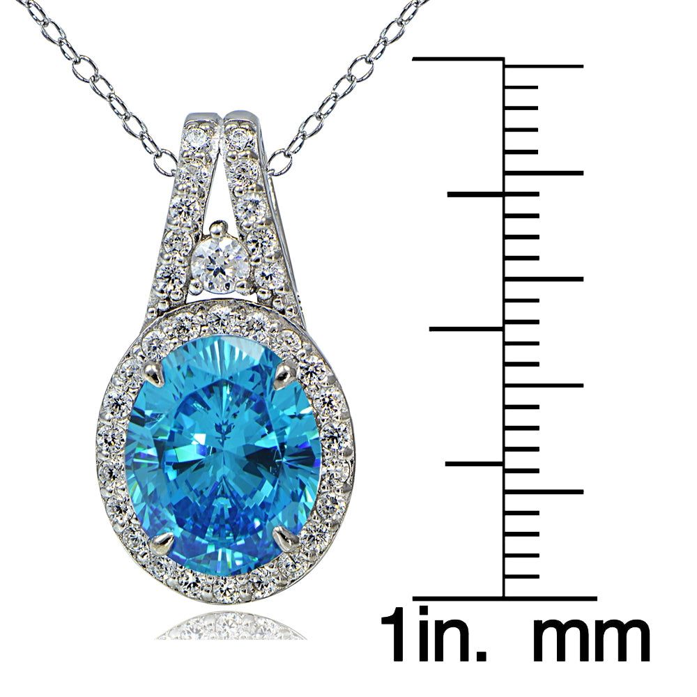 Platinum Plated Sterling Silver 100 Facets Light Blue Cubic Zirconia Oval Drop Necklace-3