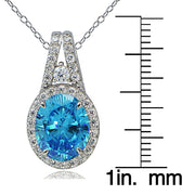 Platinum Plated Sterling Silver 100 Facets Light Blue Cubic Zirconia Oval Drop Necklace