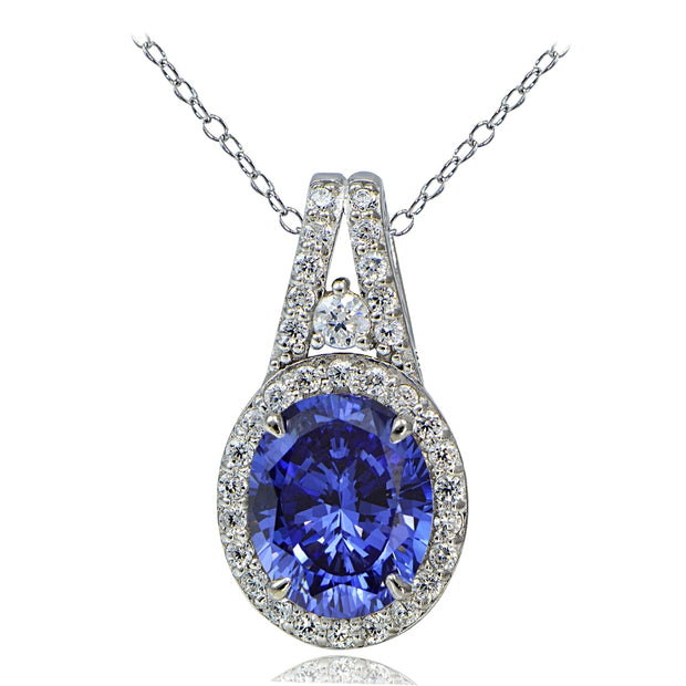 Platinum Plated Sterling Silver 100 Facets Violet Blue Cubic Zirconia Oval Drop Necklace