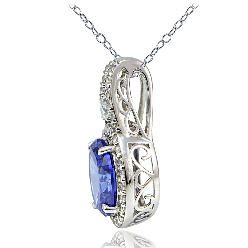 Platinum Plated Sterling Silver 100 Facets Violet Blue Cubic Zirconia Oval Drop Necklace-2