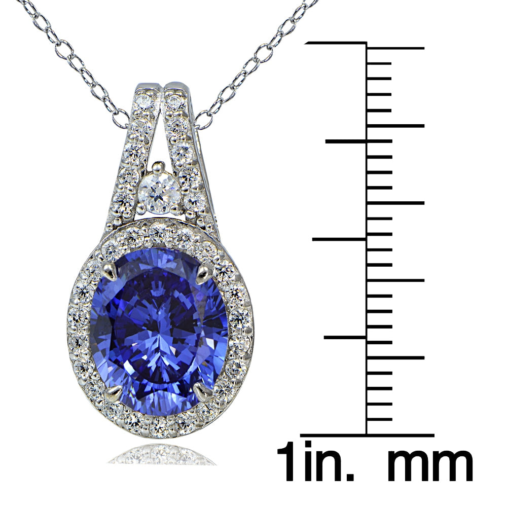 Platinum Plated Sterling Silver 100 Facets Violet Blue Cubic Zirconia Oval Drop Necklace-3