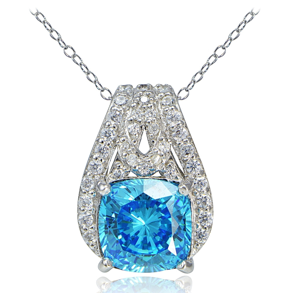 Platinum Plated Sterling Silver 100 Facets Light Blue Cubic Zirconia Cushion-Cut Slide Necklace