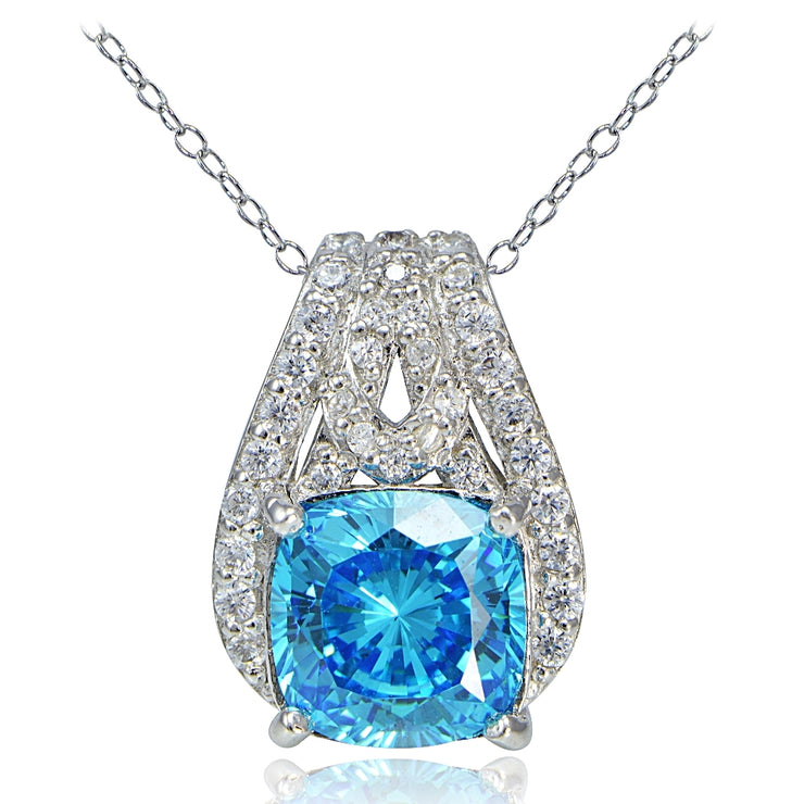 Platinum Plated Sterling Silver 100 Facets Light Blue Cubic Zirconia Cushion-Cut Slide Necklace