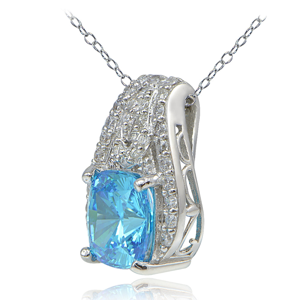Platinum Plated Sterling Silver 100 Facets Light Blue Cubic Zirconia Cushion-Cut Slide Necklace-2