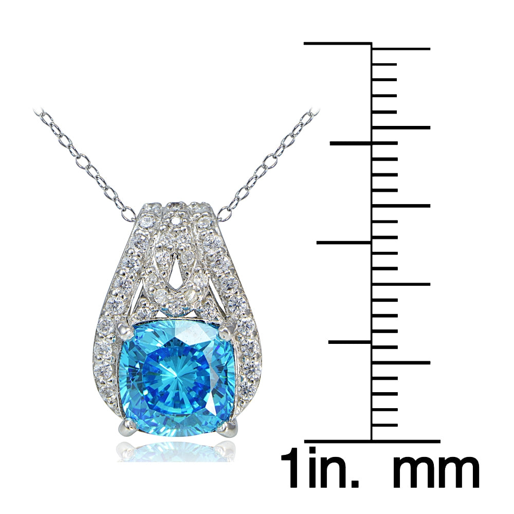 Platinum Plated Sterling Silver 100 Facets Light Blue Cubic Zirconia Cushion-Cut Slide Necklace-3
