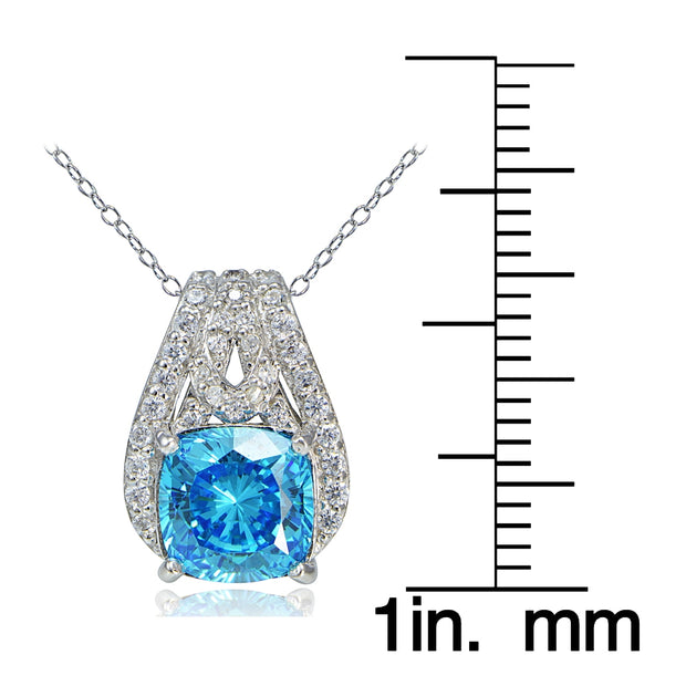 Platinum Plated Sterling Silver 100 Facets Light Blue Cubic Zirconia Cushion-Cut Slide Necklace