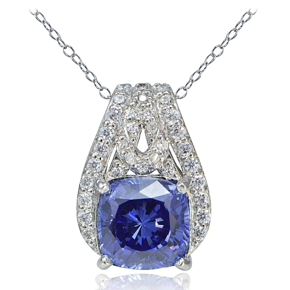 Platinum Plated Sterling Silver 100 Facets Blue Violet Cubic Zirconia Cushion-Cut Slide Necklace