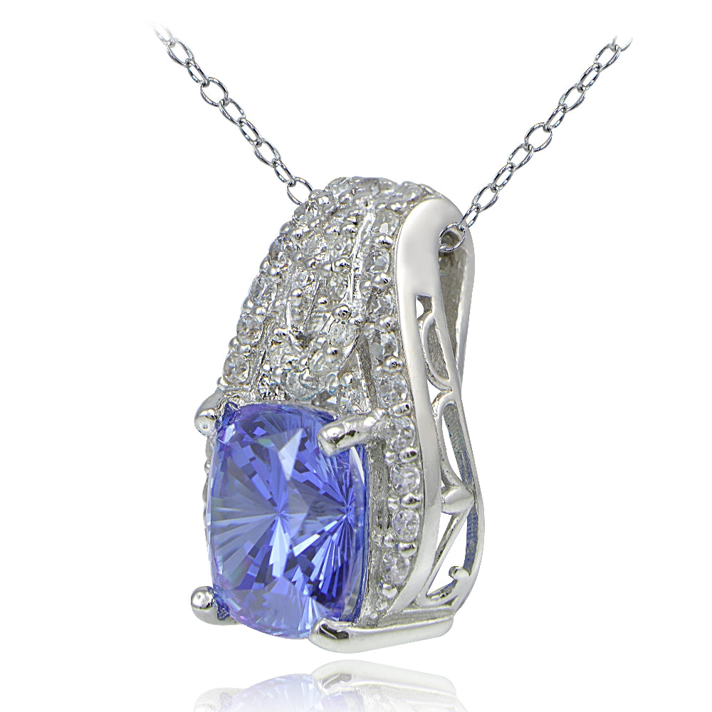 Platinum Plated Sterling Silver 100 Facets Blue Violet Cubic Zirconia Cushion-Cut Slide Necklace-2