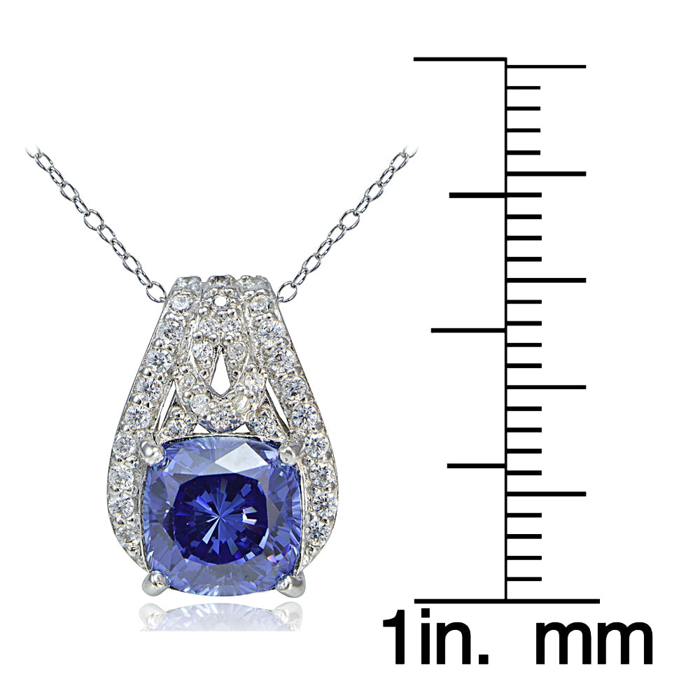 Platinum Plated Sterling Silver 100 Facets Blue Violet Cubic Zirconia Cushion-Cut Slide Necklace-3
