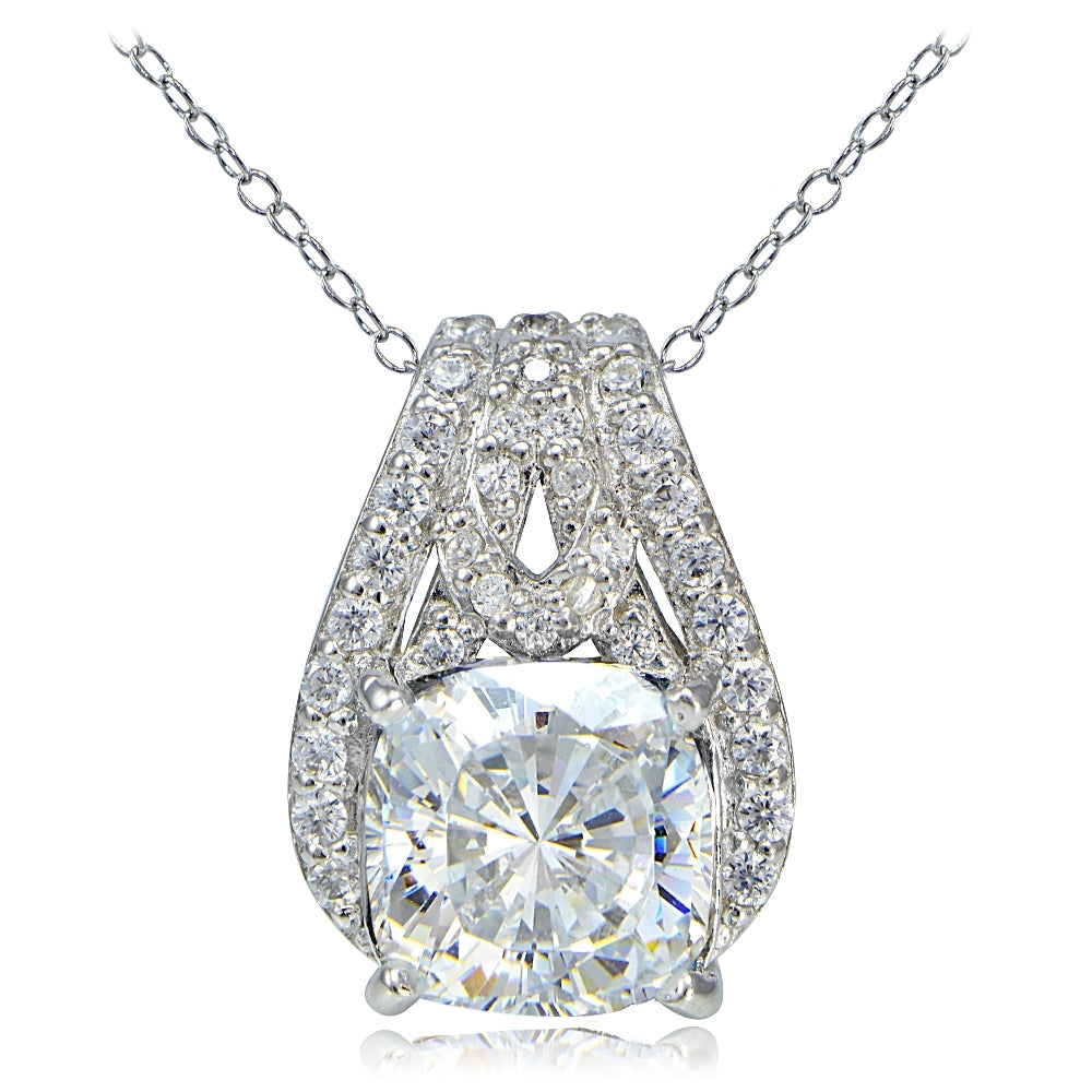 Platinum Plated Sterling Silver 100 Facets Cubic Zirconia Cushion-Cut Slide Necklace