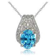 Platinum Plated Sterling Silver 100 Facets Light Blue Cubic Zirconia Oval Slide Necklace