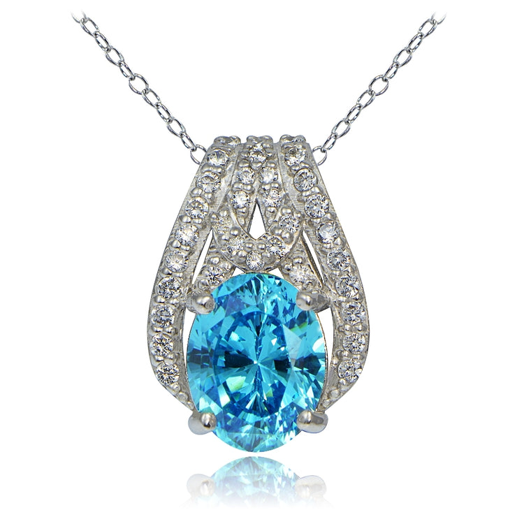 Platinum Plated Sterling Silver 100 Facets Light Blue Cubic Zirconia Oval Slide Necklace
