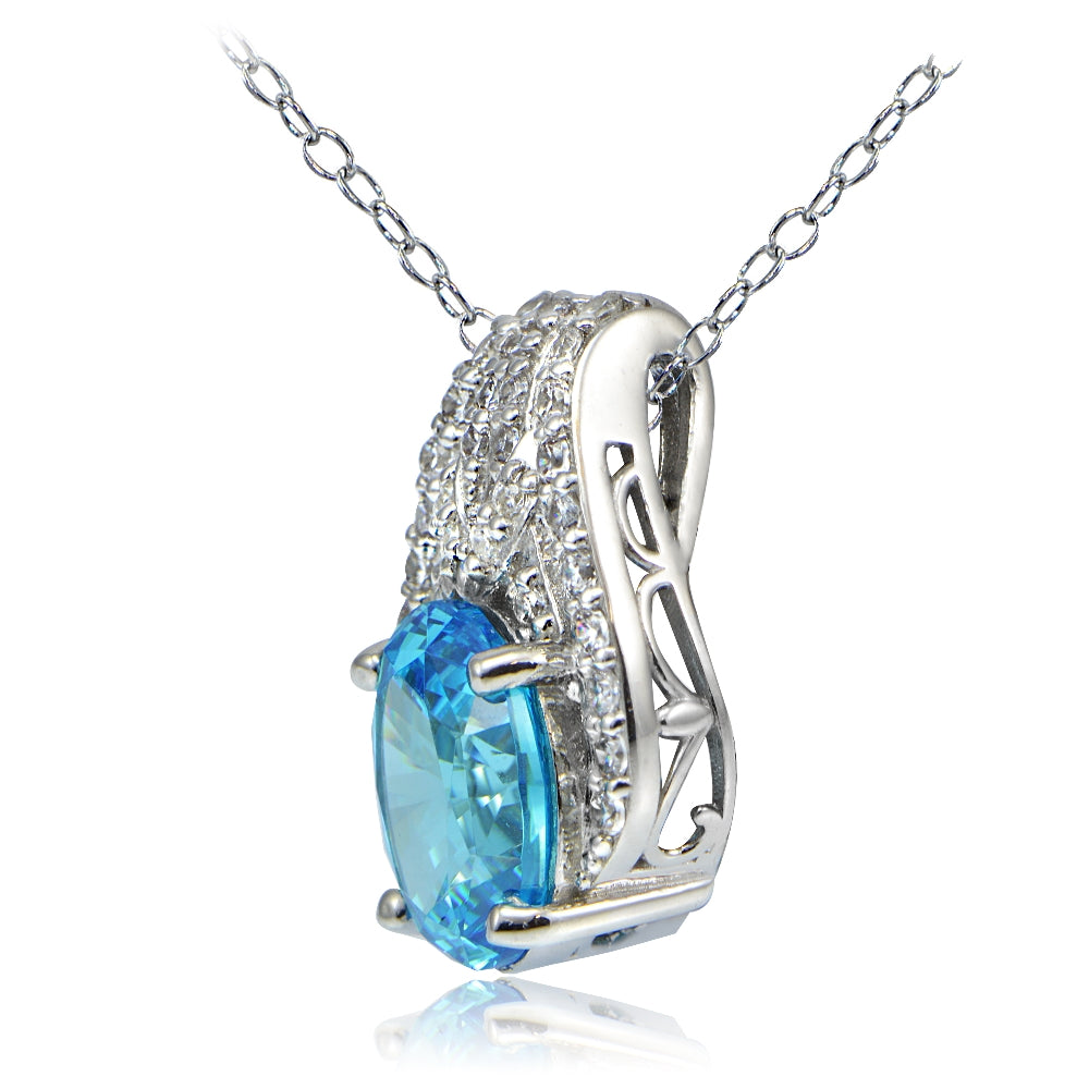 Platinum Plated Sterling Silver 100 Facets Light Blue Cubic Zirconia Oval Slide Necklace-2