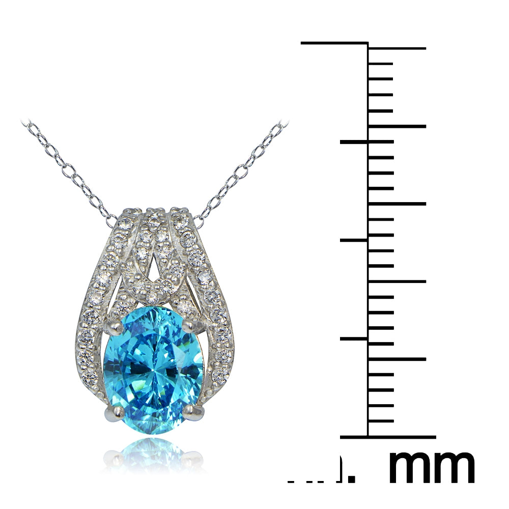 Platinum Plated Sterling Silver 100 Facets Light Blue Cubic Zirconia Oval Slide Necklace-3