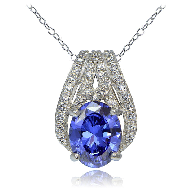 Platinum Plated Sterling Silver 100 Facets Blue Violet Cubic Zirconia Oval Slide Necklace
