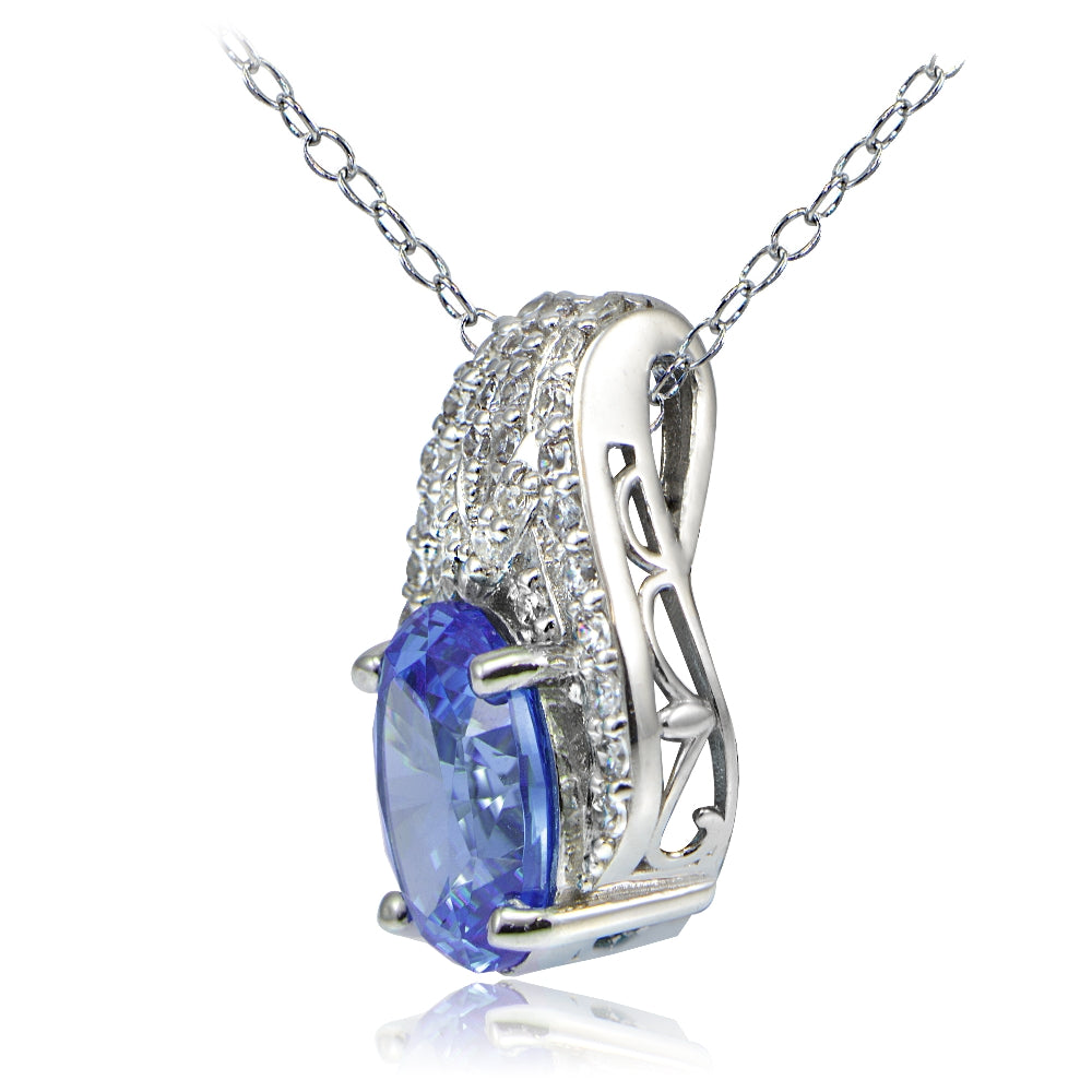 Platinum Plated Sterling Silver 100 Facets Blue Violet Cubic Zirconia Oval Slide Necklace-2