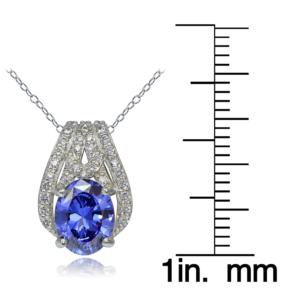 Platinum Plated Sterling Silver 100 Facets Blue Violet Cubic Zirconia Oval Slide Necklace-3