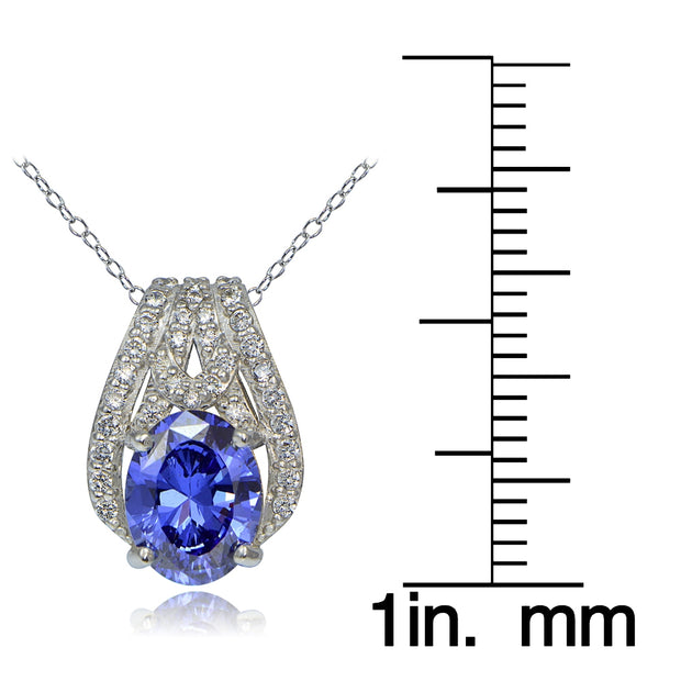 Platinum Plated Sterling Silver 100 Facets Blue Violet Cubic Zirconia Oval Slide Necklace
