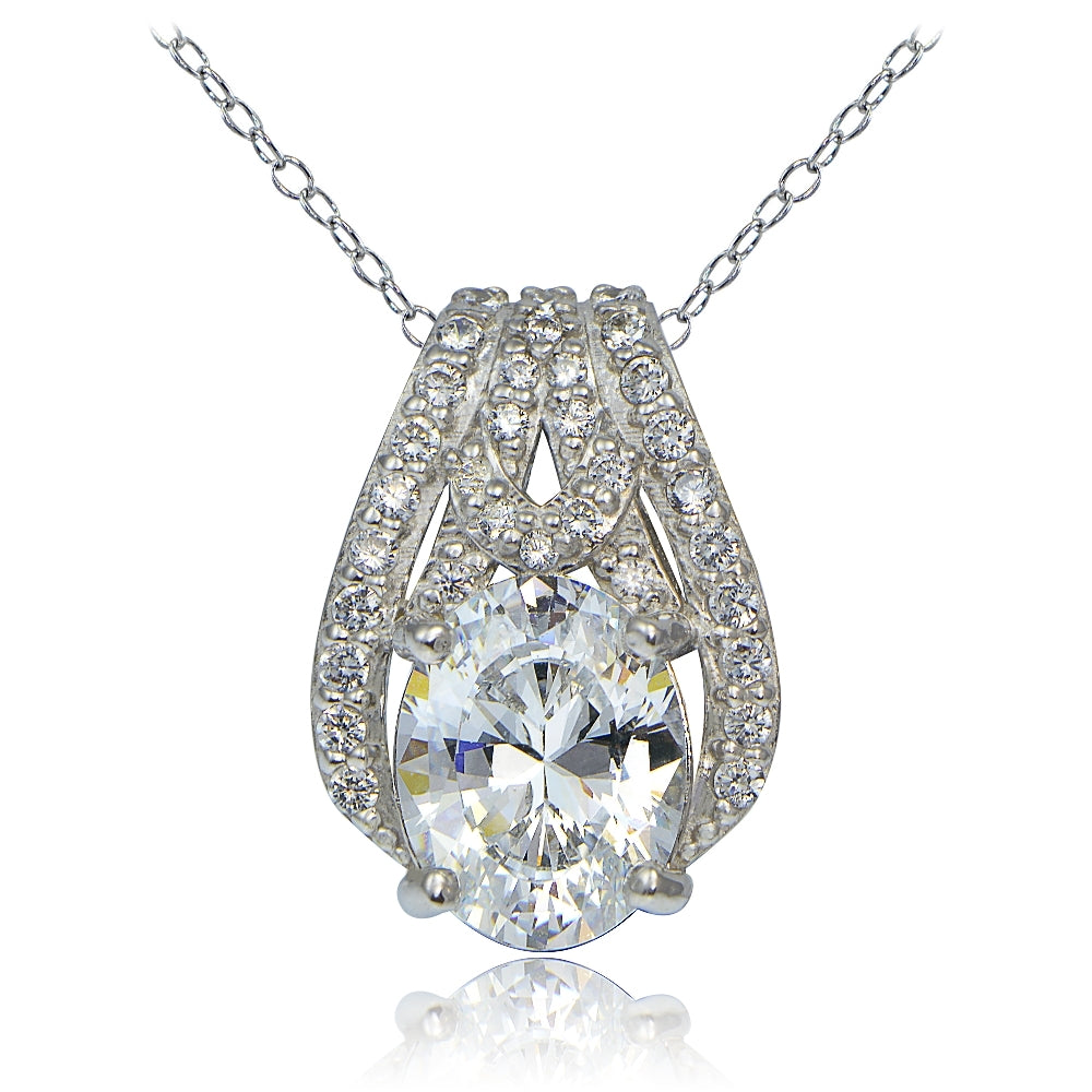 Platinum Plated Sterling Silver 100 Facets Cubic Zirconia Oval Slide Necklace