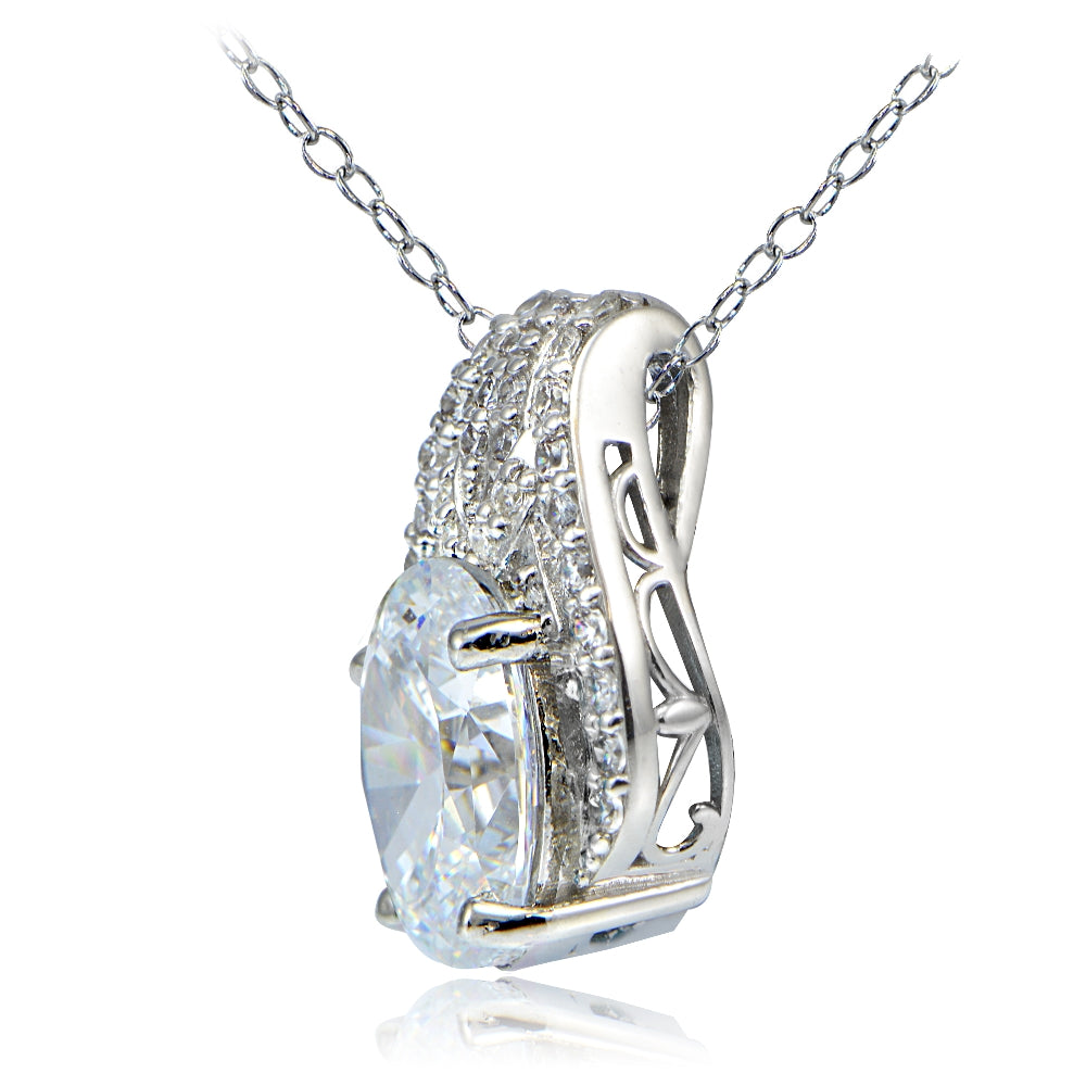 Platinum Plated Sterling Silver 100 Facets Cubic Zirconia Oval Slide Necklace-2