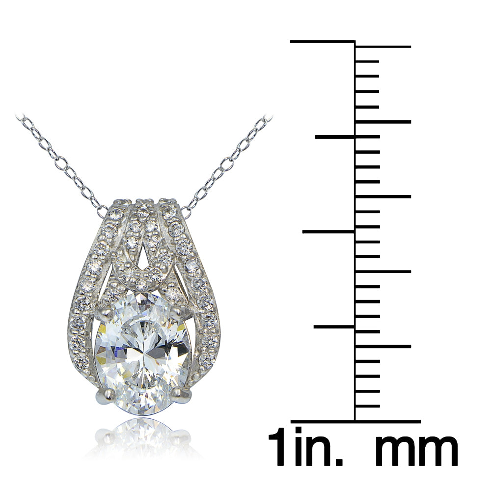 Platinum Plated Sterling Silver 100 Facets Cubic Zirconia Oval Slide Necklace-3