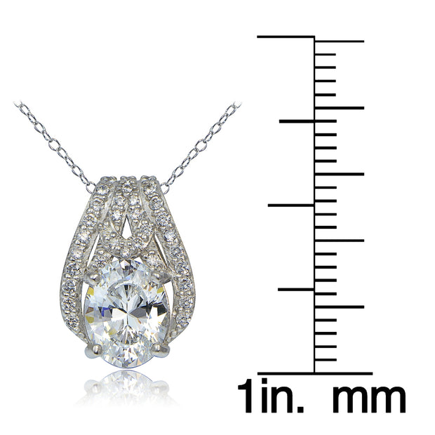 Platinum Plated Sterling Silver 100 Facets Cubic Zirconia Oval Slide Necklace