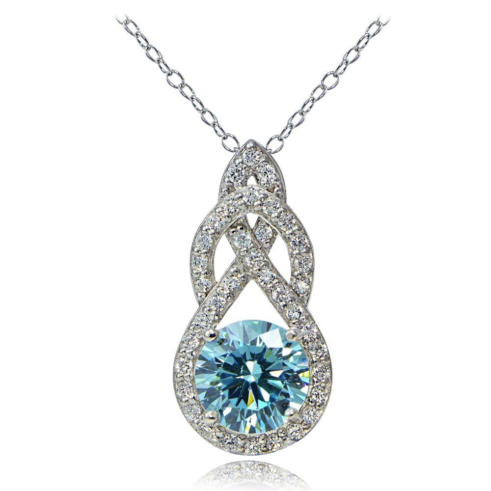 Platinum Plated Sterling Silver 100 Facets Light Blue Cubic Zirconia Infinity Drop Necklace