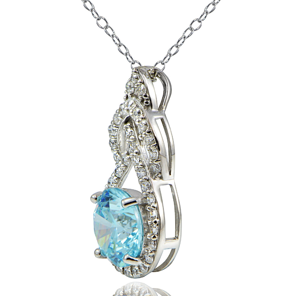Platinum Plated Sterling Silver 100 Facets Light Blue Cubic Zirconia Infinity Drop Necklace-2