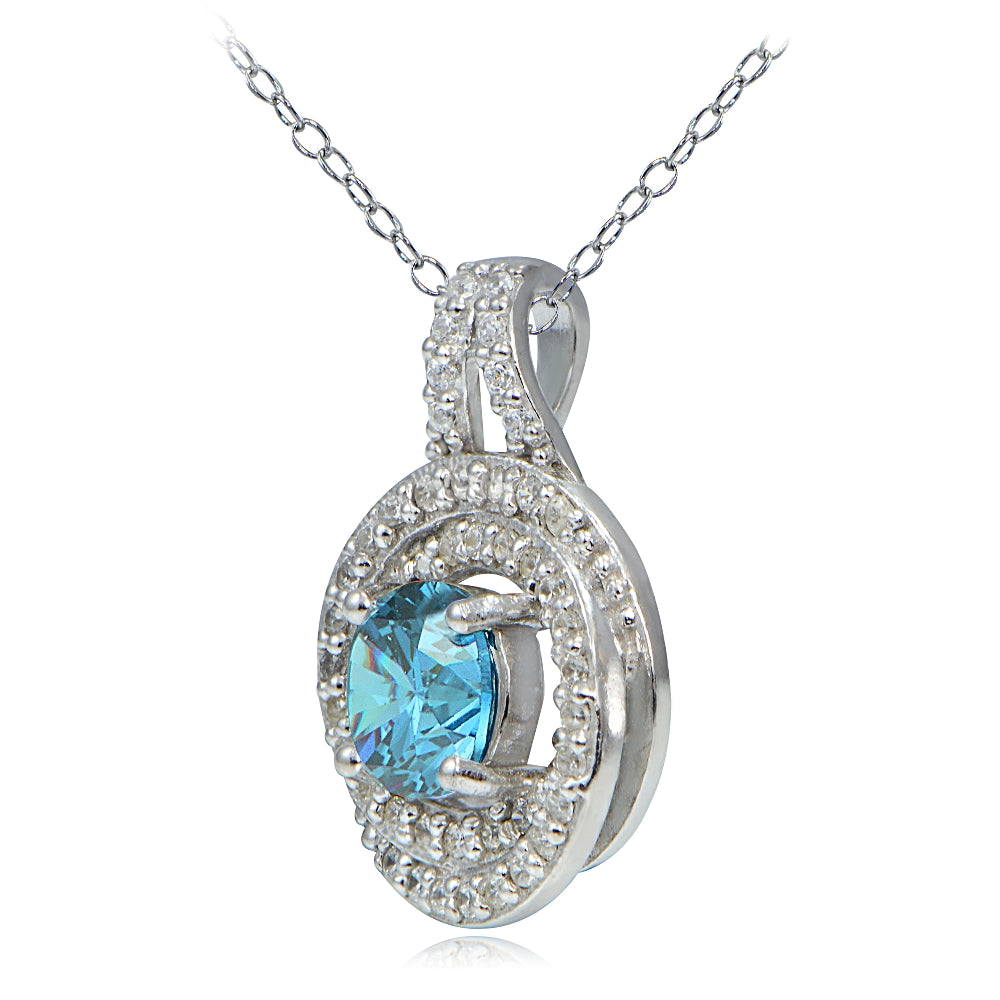 Platinum Plated Sterling Silver 100 Facets Light Blue Cubic Zirconia Love Knot Necklace-2