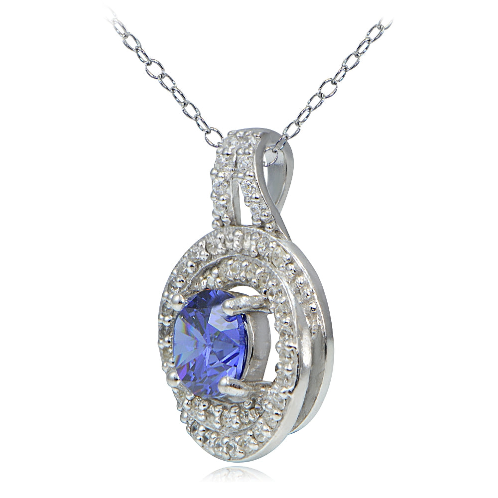 Platinum Plated Sterling Silver 100 Facets Blue Violet Cubic Zirconia Love Knot Necklace-2