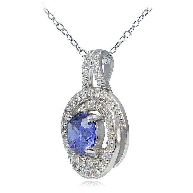 Platinum Plated Sterling Silver 100 Facets Blue Violet Cubic Zirconia Love Knot Necklace