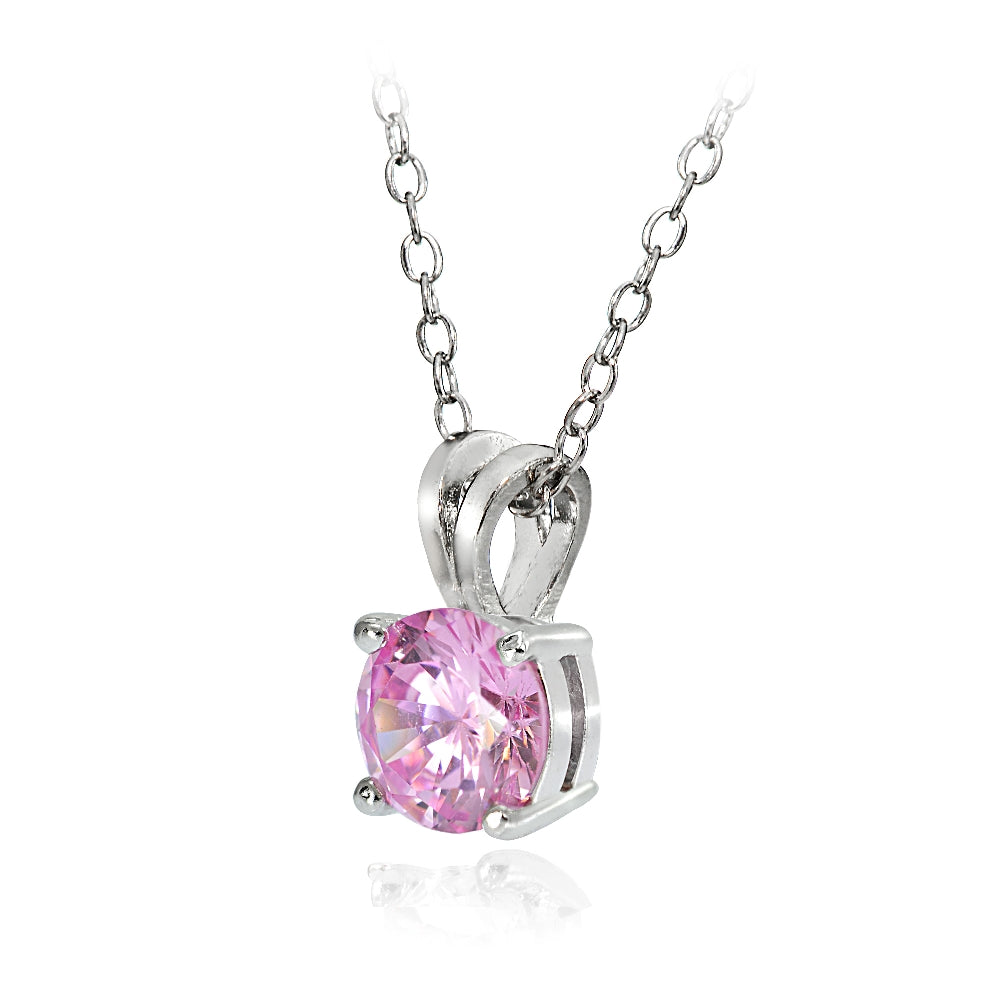 Sterling Silver 1.25ct Light Pink Cubic Zirconia 7mm Round Solitaire Necklace-2