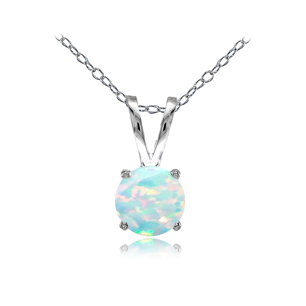 Sterling Silver Created White Opal 7mm Round Solitaire Necklace