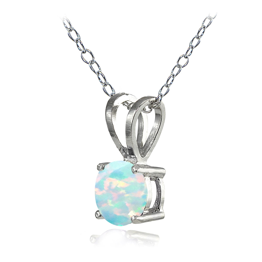 Sterling Silver Created White Opal 7mm Round Solitaire Necklace-2