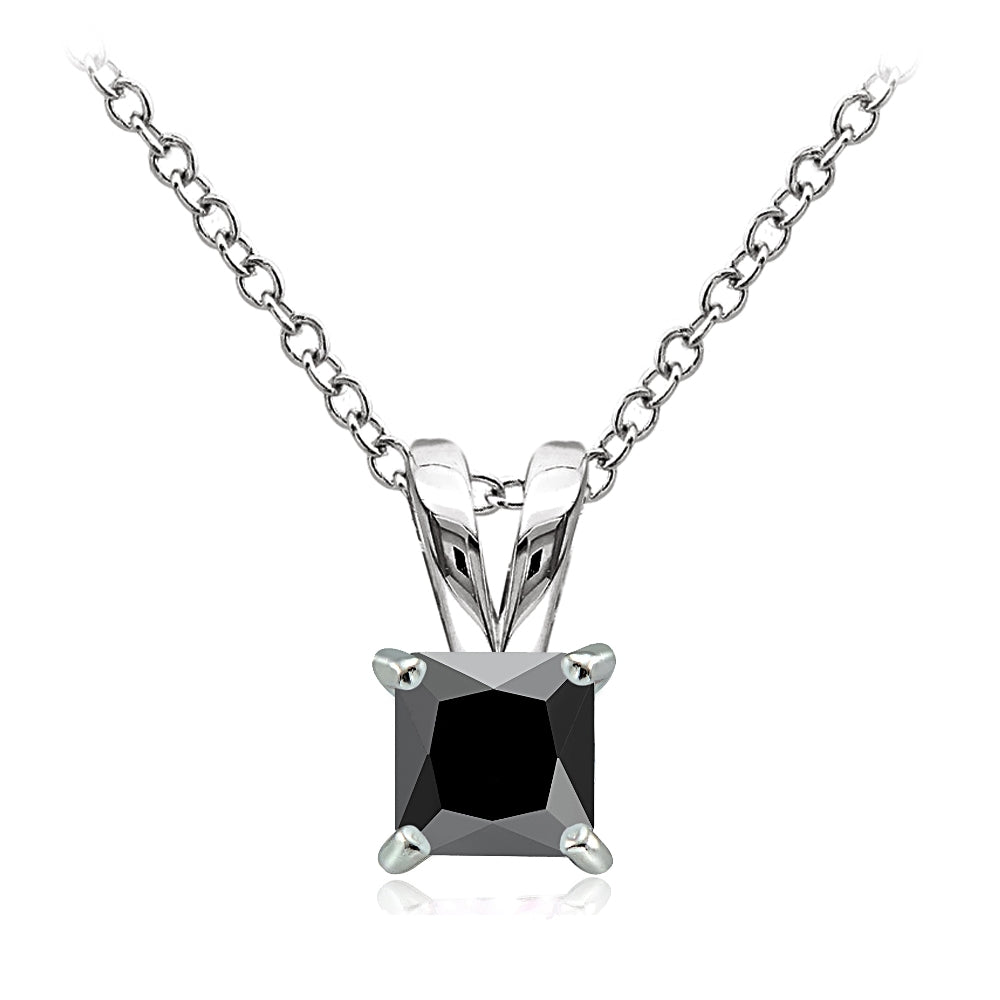 Sterling Silver 3/4ct Black Cubic Zirconia 5mm Square Solitaire Necklace
