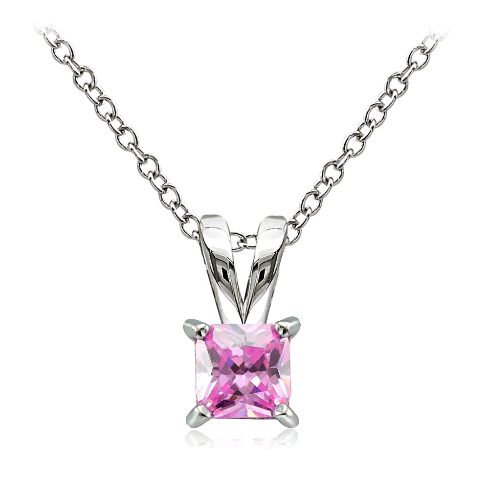 Sterling Silver 3/4ct Light Pink Cubic Zirconia 5mm Square Solitaire Necklace