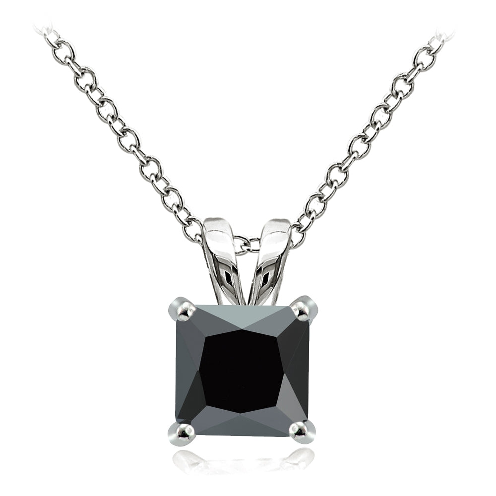 Sterling Silver 3ct Black Cubic Zirconia 8mm Square Solitaire Necklace