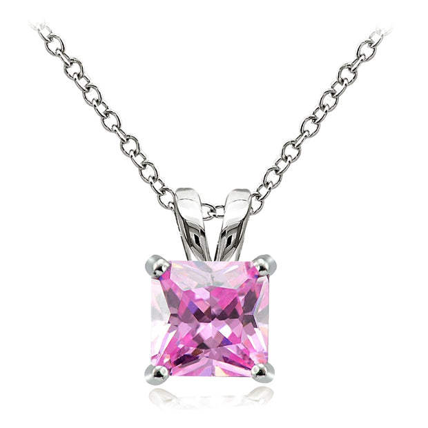Sterling Silver 3ct Light Pink Cubic Zirconia 8mm Square Solitaire Necklace