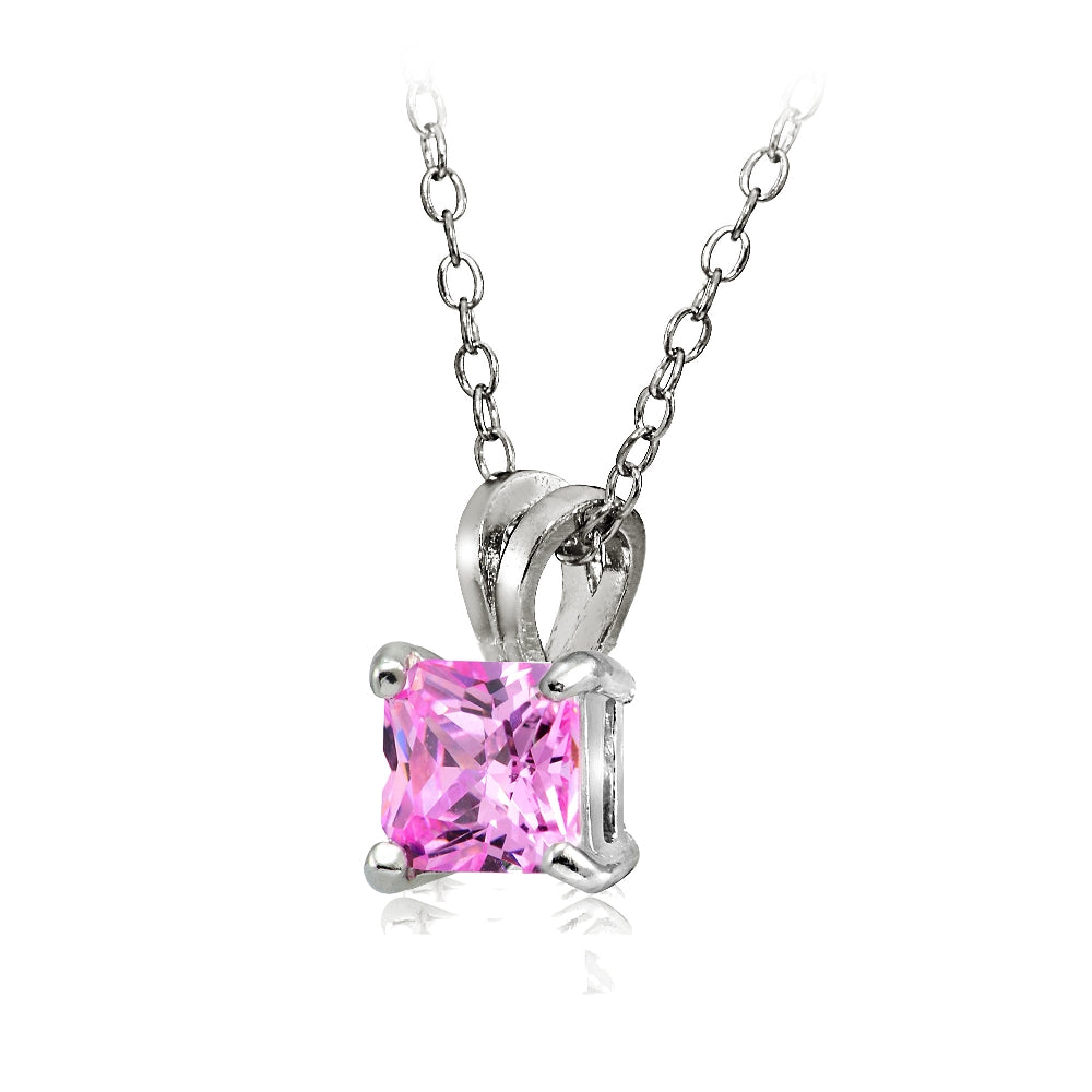 Sterling Silver 3ct Light Pink Cubic Zirconia 8mm Square Solitaire Necklace-2